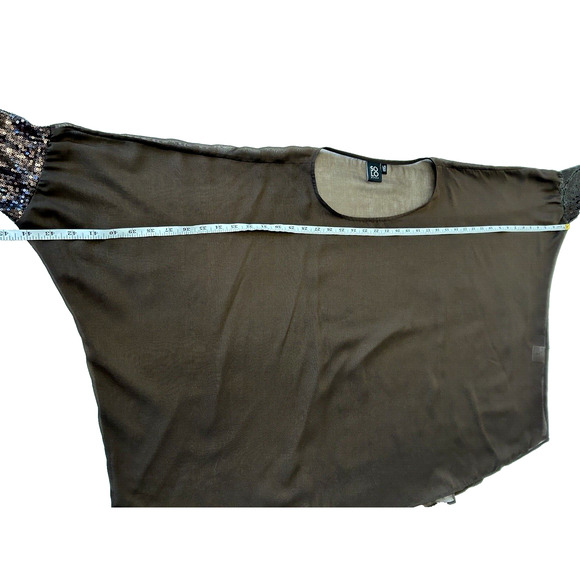 Solo Moda Women's Sheer Overlay Top Batwing Large Brown Sequined Sleeve - Picture 3 of 7